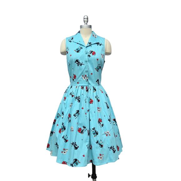VooDoo Vixen Kitchen Kitten Betty Dress Size L 8 New Blue Fit Flare Cats Retro - Picture 2 of 10